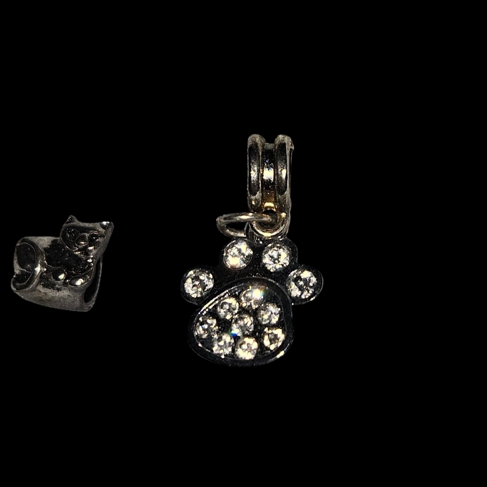Silver Cat Charm And Paw Print Charm with Crystals